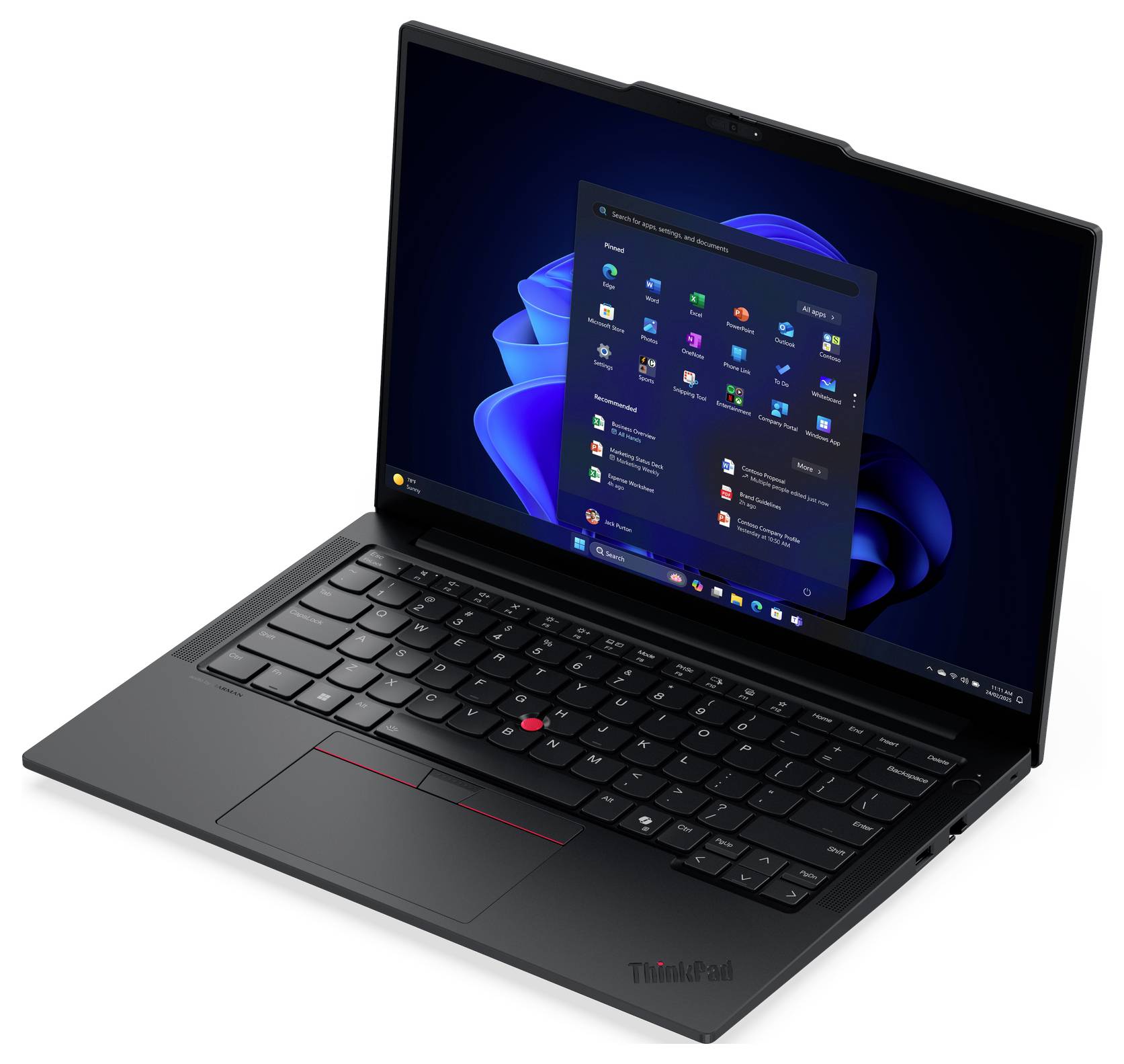 Ein Laptop, der einen Windows-Desktop mit geöffnetem Startmenü zeigt, mit verschiedenen App-Symbolen. Das Gerät verfügt über eine schwarze Tastatur und ein elegantes Design.