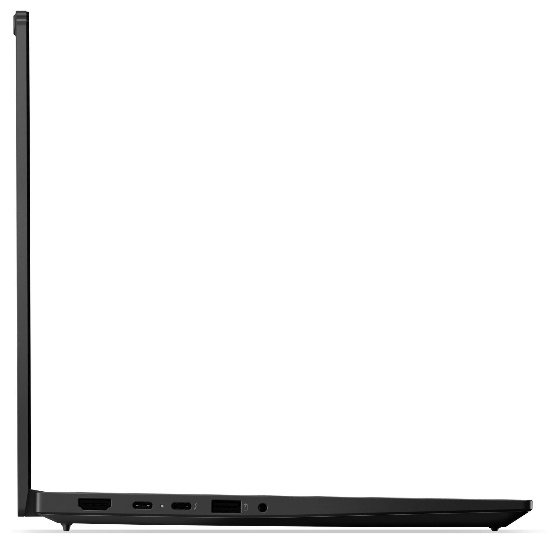 Ein schlanker schwarzer Laptop aus Seitenperspektive, der sein dünnes Profil und verschiedene Anschlüsse wie USB und HDMI präsentiert.