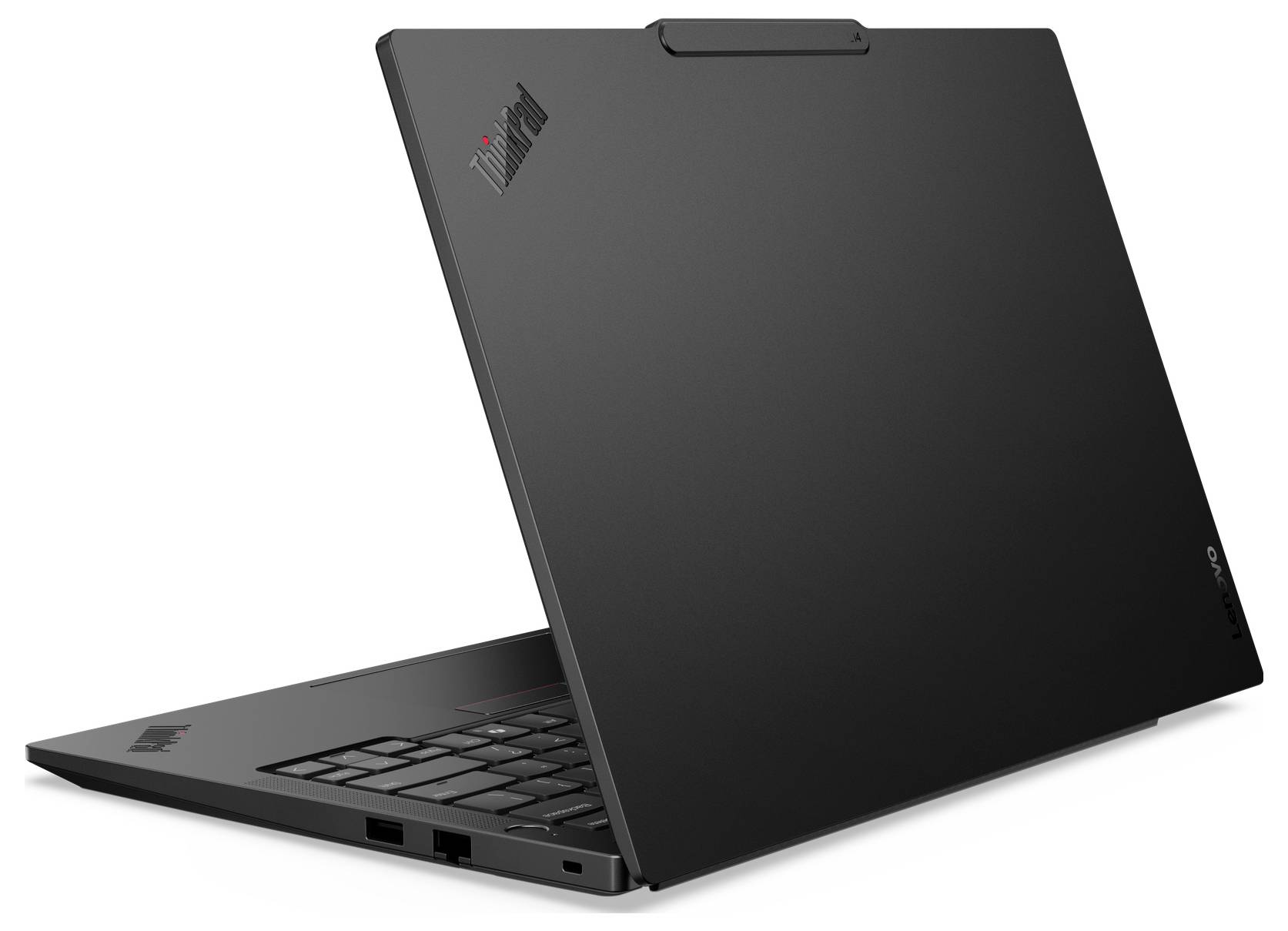 Ein schlanker schwarzer Laptop, von hinten gezeigt, mit einem Logo in der oberen Ecke des Deckels. Die Tastatur ist teilweise sichtbar.