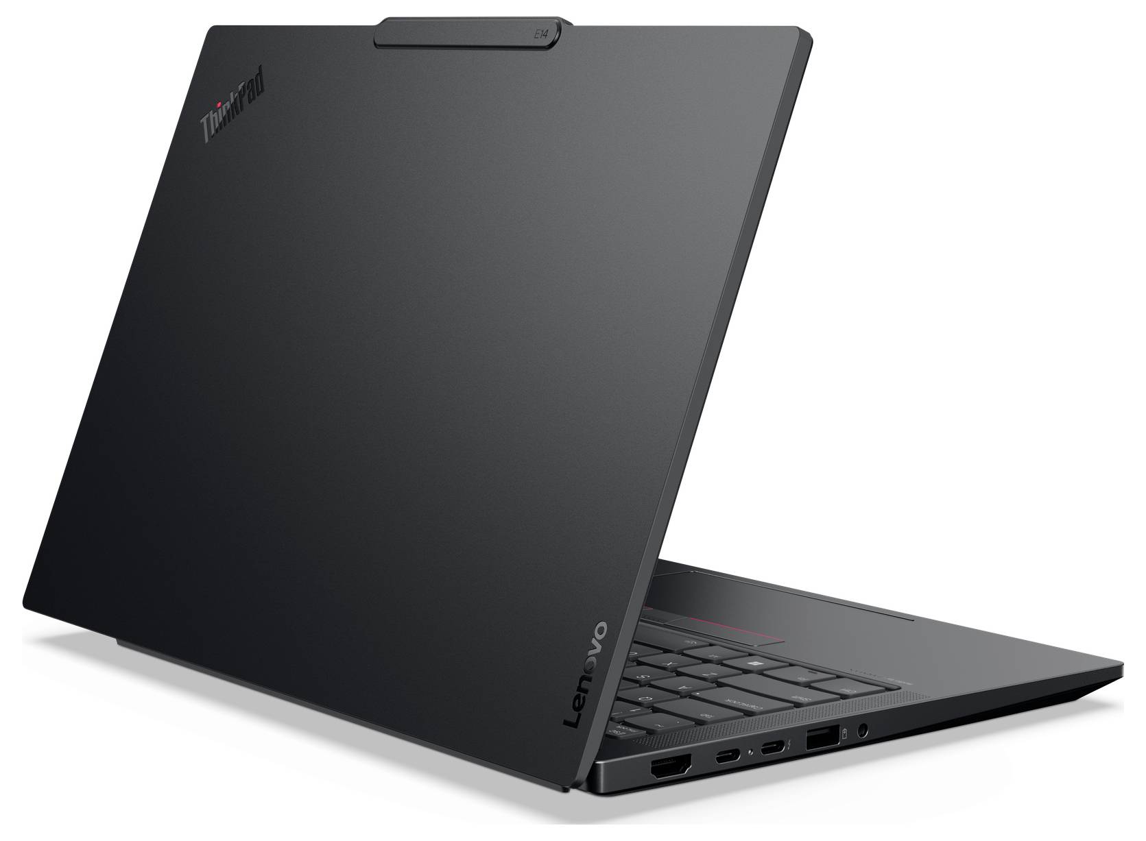 Ein schwarzer Lenovo ThinkPad Laptop, teilweise geöffnet, präsentiert sein schlankes Design und mattierte Oberfläche, mit sichtbaren Anschlüssen und einem "ThinkPad" Logo auf dem Deckel.