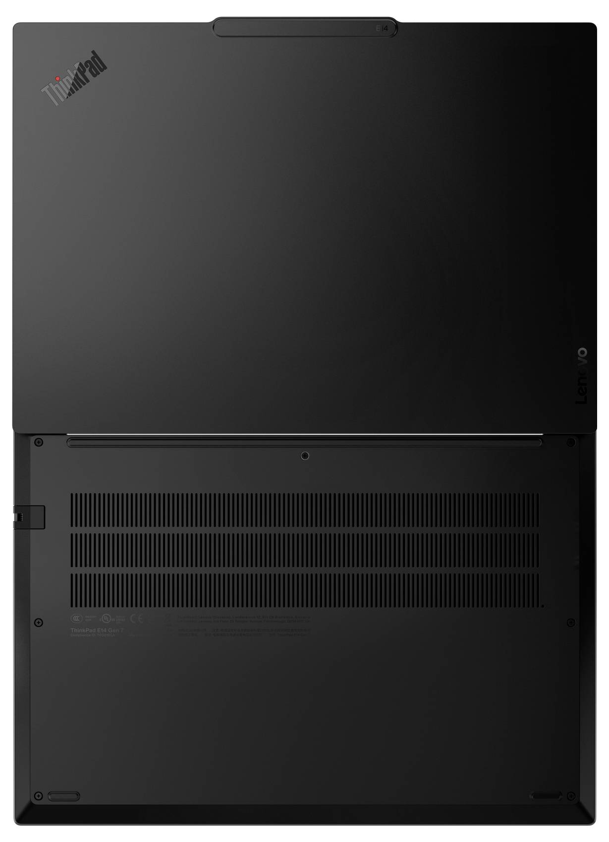 Das Bild zeigt die Ober- und Unterseite eines geschlossenen schwarzen Lenovo ThinkPad Laptops mit sichtbarem Logo und Lüftungsdetails.