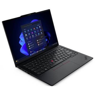Ein schlanker, schwarzer Laptop mit einem sichtbaren Desktopbildschirm, der ein Menü von Anwendungen zeigt und dabei das Design und die Benutzeroberfläche des Geräts hervorhebt.