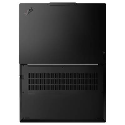 Ein schwarzer Laptop mit geschlossenem Deckel wird von oben gezeigt, wobei das 'ThinkPad'-Logo in der oberen linken Ecke und Lüftungsschlitze am unteren Rand zu sehen sind.