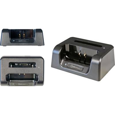 Schwarzes Dual-Slot-Batterieladegerät mit sichtbaren Kontaktstiften und kompaktem Design