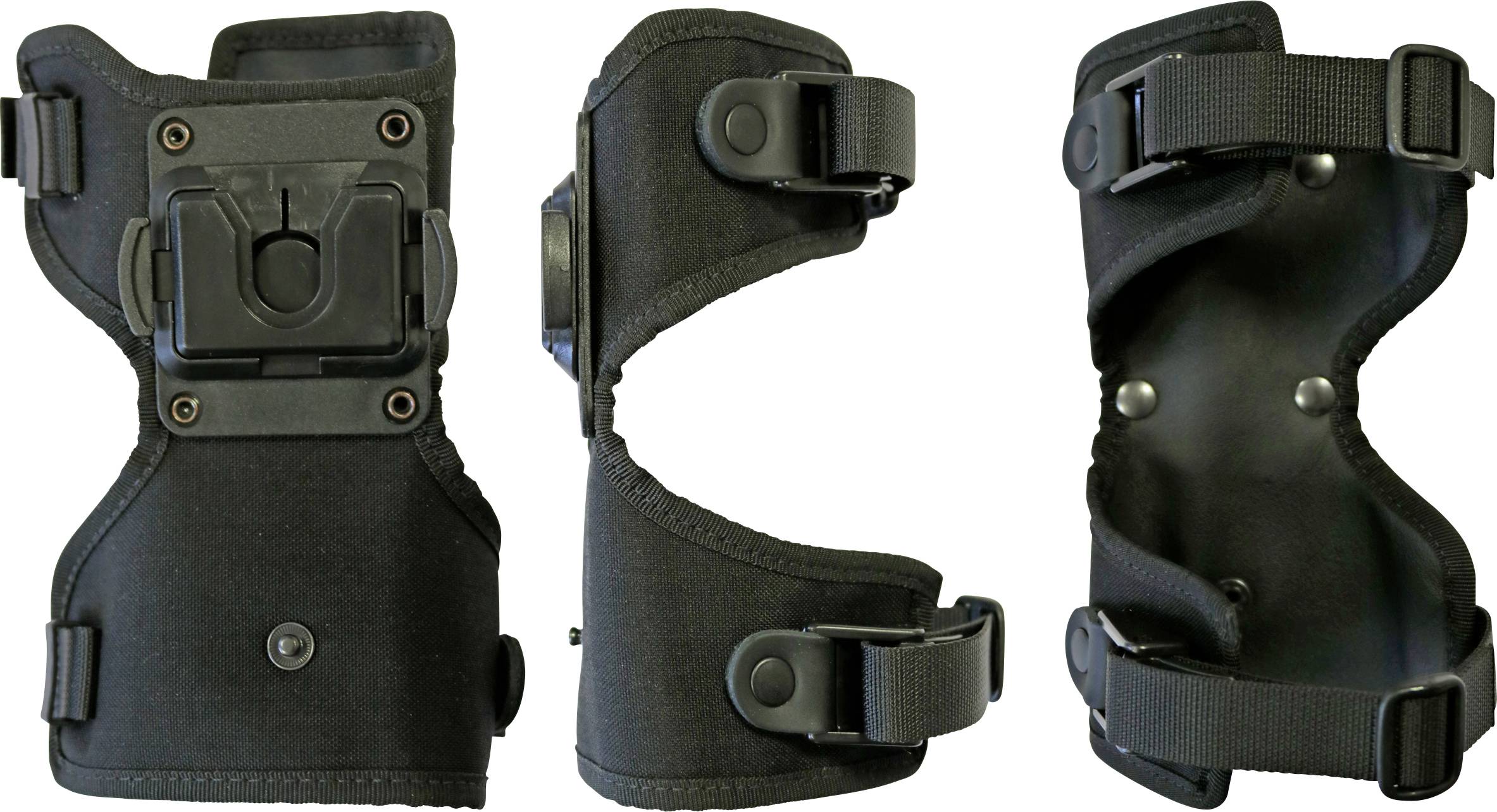 Drei schwarze orthopädische Knieorthesen, von vorne, von der Seite und von hinten gezeigt, mit verstellbaren Riemen und Gelenken für Unterstützung und Beweglichkeit.
