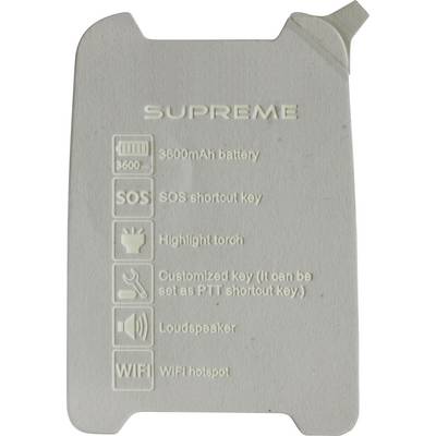 'SUPREME' Beschriftung mit Symbolen und Text: '3600mAh Akku', 'SOS-Schnelltaste', 'Hervorhebende Taschenlampe', 'Anpassbare Taste', 'Lautsprecher', 'WLAN-Hotspot'.