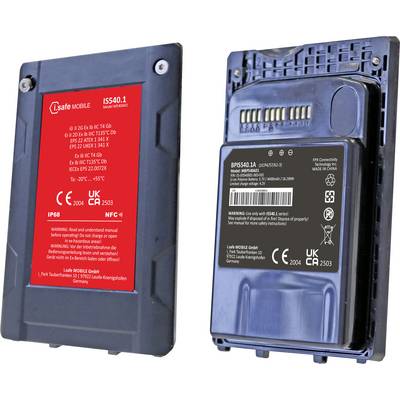 Zwei mobile Gerätebatterien, nebeneinander dargestellt. Links: rotes Etikett mit technischen Details und Zertifizierungslogos. Rechts: schwarzes Etikett mit ähnlichen Details und Zertifizierungen.