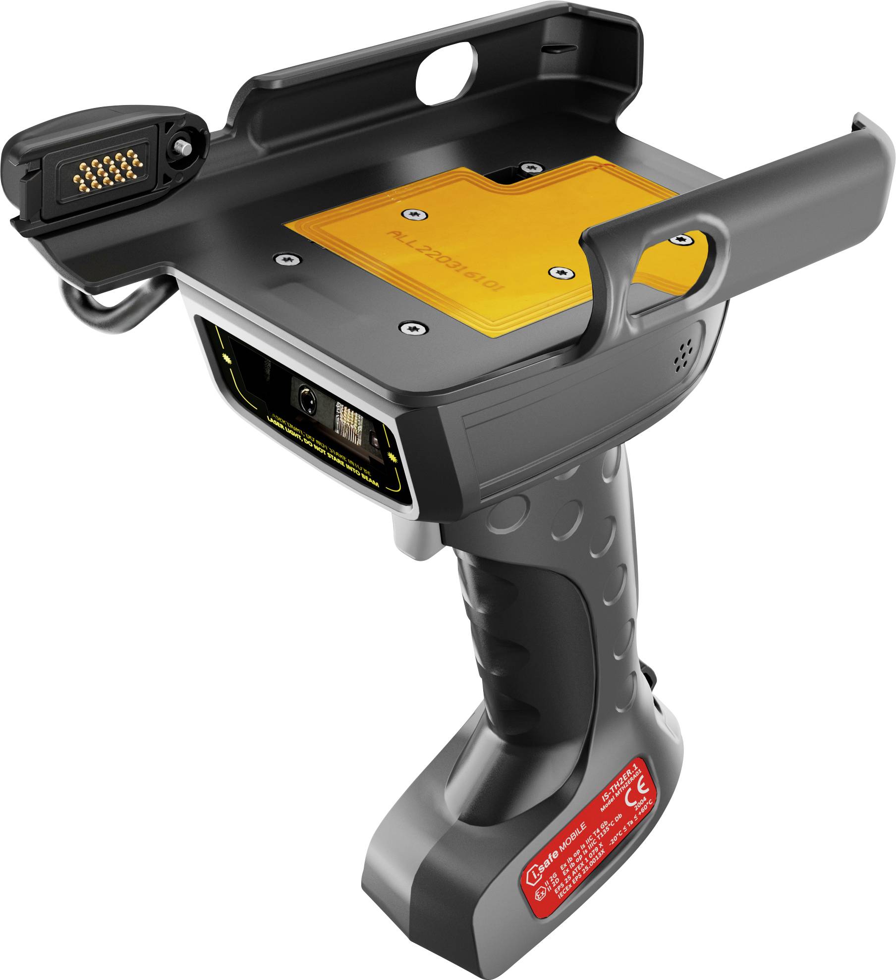 Ein tragbarer Scanner mit Griff, Bildschirm und Auslösetaste, der zum Lesen von Barcodes und Erfassen von Daten in industriellen Umgebungen verwendet wird.