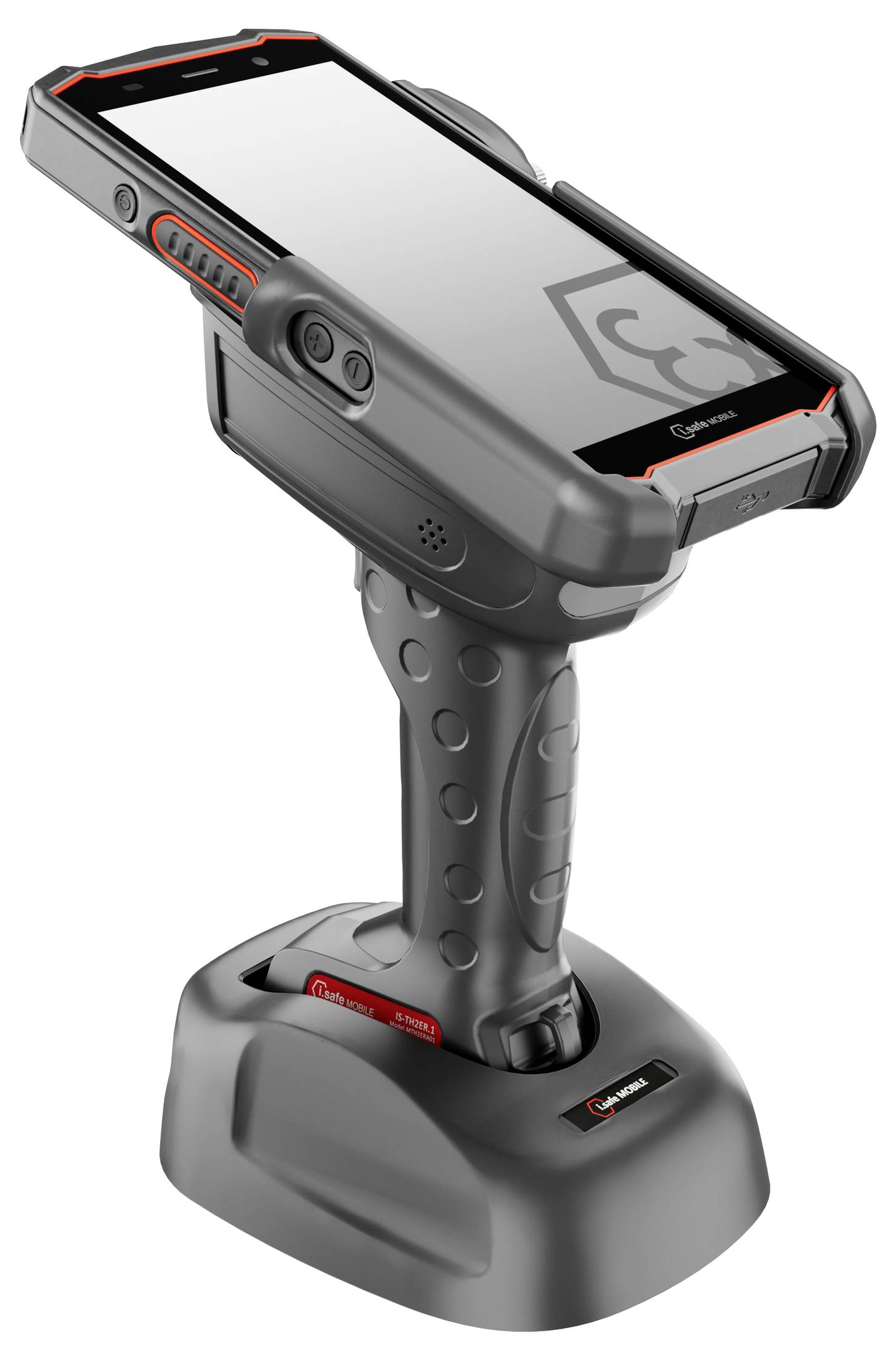 Handgehaltener Barcode-Scanner in einer Ladestation, mit großem Bildschirm und robustem Griff, mit roten Akzenten auf einem schwarzen Gerät.