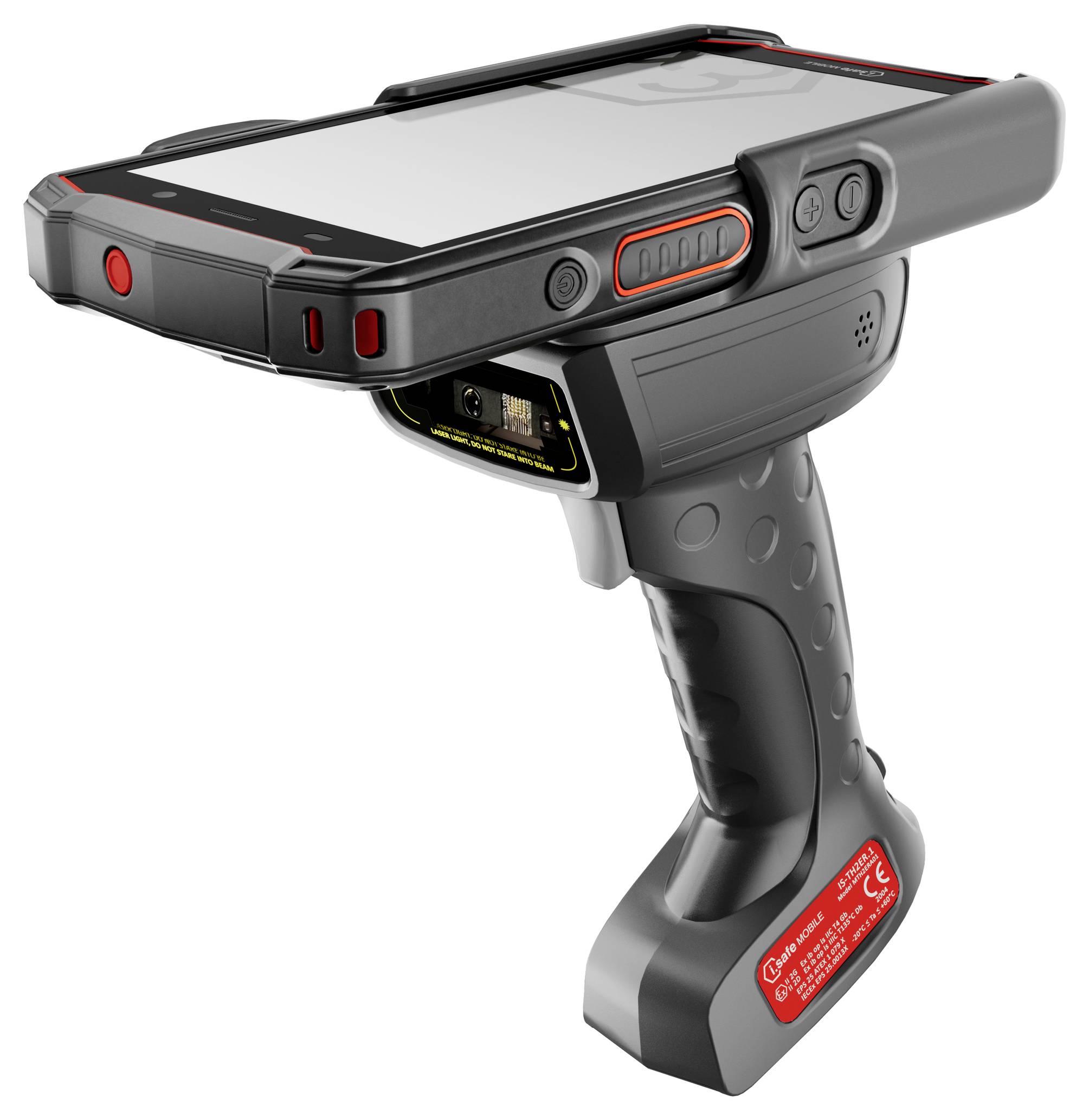 Tragbarer Barcode-Scanner mit Display und Auslösegriff, entwickelt für Bestandsverwaltung. Mit roten und schwarzen Akzenten.