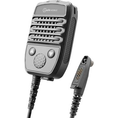 Ein tragbares Mikrofon-Gerät mit Lautsprechergitter, zwei Tasten und einem Kabel mit einem speziellen Anschluss, gekennzeichnet als 'i.safe Mobile'.