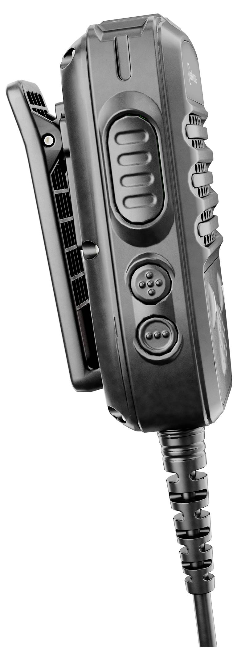 Ein robustes tragbares Funkgerät oder Walkie-Talkie mit mehreren Tasten und einem Verbindungskabel, entwickelt für die Kommunikation in anspruchsvollen Umgebungen.