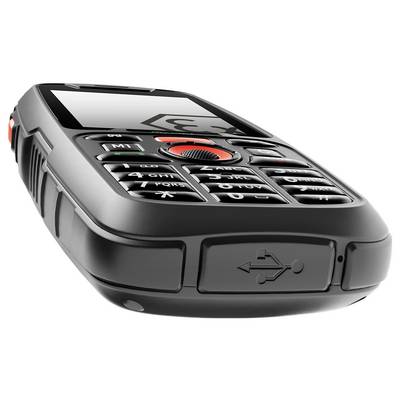 Ein schwarzes Mobiltelefon mit großen Tasten, das für Barrierefreiheit entwickelt wurde, mit einem roten Notfalltaster an der Seite und einem USB-Anschluss am unteren Ende.