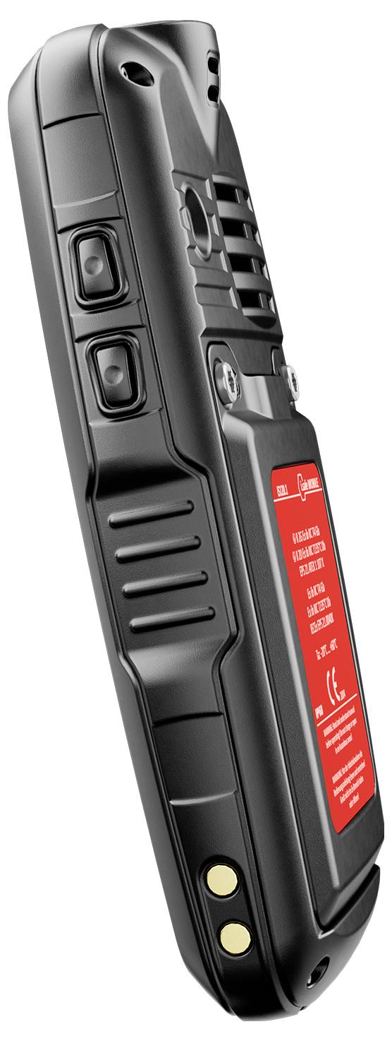 Ein robustes, schwarzes Walkie-Talkie, von der Seite betrachtet, mit Tasten und einem roten Etikett auf der Rückseite.