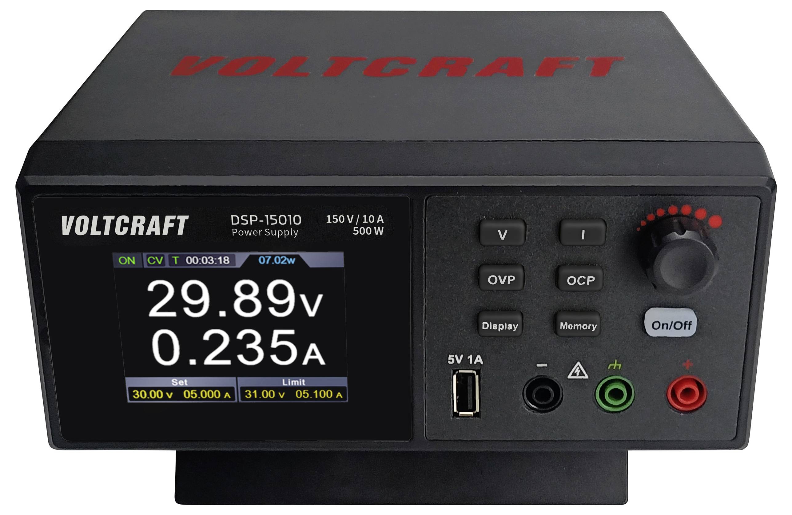 Voltcraft DSP-15010 Netzteil zeigt '29.89V' und '0.235A' auf dem Display. Zu den Funktionen gehören Leistungs-, Spannungs- und Stromregler.