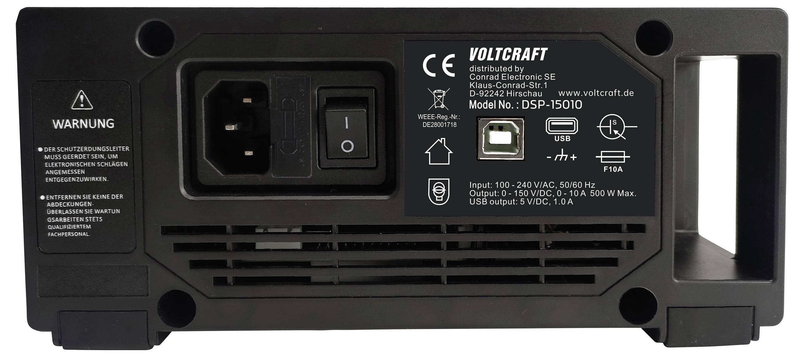 Rückansicht eines Voltcraft DSP-15010 Stromversorgungsgeräts mit Stromeingang, Sicherungskompartiment, USB-Anschluss, Lüfter und Produktinformationsetiketten.