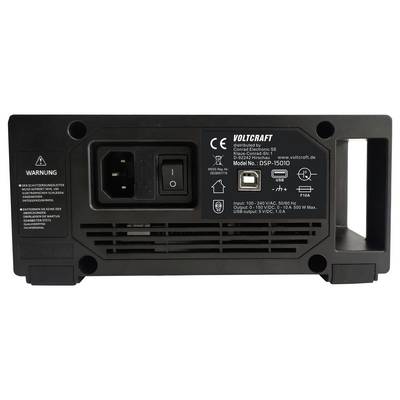 Rückansicht eines Voltcraft DSP-15010 Stromversorgungsgeräts mit Stromeingang, Sicherungskompartiment, USB-Anschluss, Lüfter und Produktinformationsetiketten.
