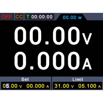Digitale Anzeigetafel zeigt '00.00v' Spannung, '0.000A' Stromstärke, eingestellte Spannung 5,00V, eingestellter Strom 0,000A, Grenzwert 31,00V, Grenzwert 5,100A.