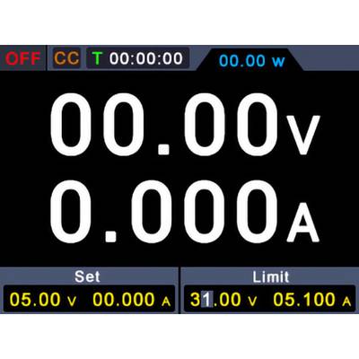 Digitale Stromversorgungsanzeige zeigt '00,00 V' Spannung und '0,000 A' Stromstärke. Eingestellte Werte: '05,00 V', '00,000 A', Grenzwert: '31,00 V', '05,100 A'.