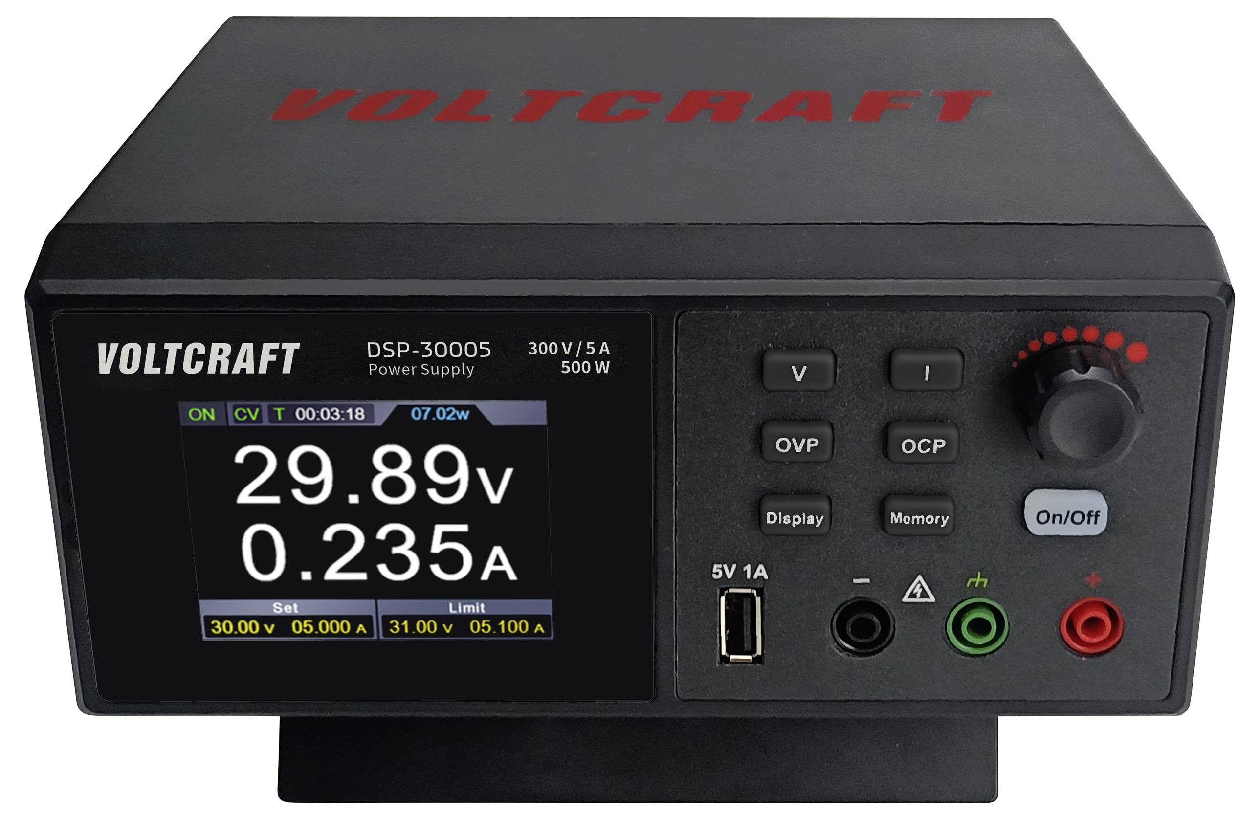 'VOLTCRAFT DSP-3005' Netzteil zeigt 29,89 Volt, 0,235 Ampere auf dem Display. Ausgestattet mit Tasten für OVP, OCP und einem einstellbaren Drehknopf.