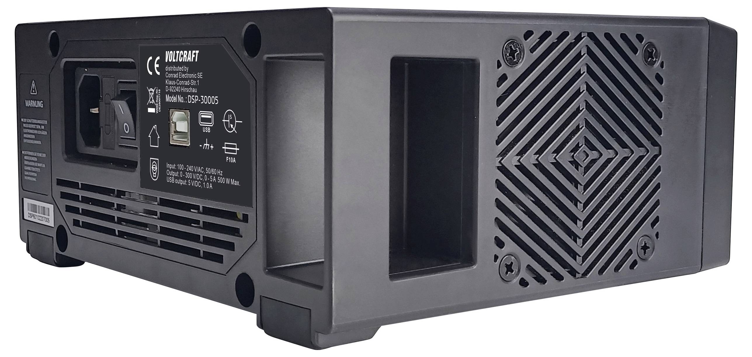 "PowerCraft Modell TSP-3000S" Wechselrichter, 3000W, schwarzes Gehäuse, Rückansicht mit Steckdosenbuchse, Lüftungsschlitzen und Schalter.