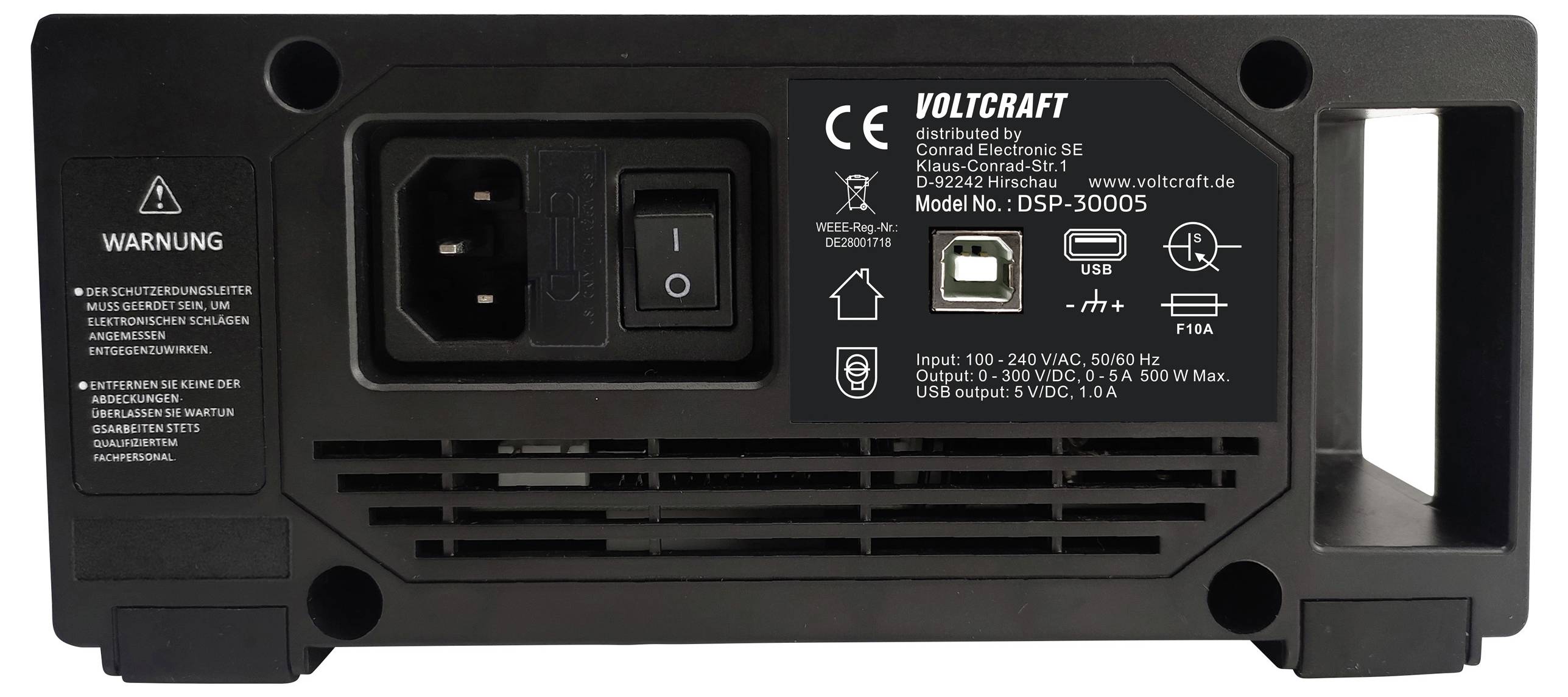 Rückansicht eines Voltcraft DSP-3000S Stromversorgungsgeräts mit verschiedenen Anschlüssen und Verbindungen, einschließlich AC-Eingang, USB, RS-232 und Lüftungsöffnung.