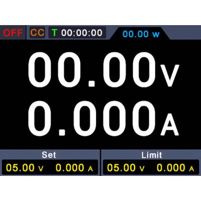 Netzteil-Anzeige zeigt Spannung '00.00 V' und Stromstärke '0,000 A'. Einstell- und Grenzwerte sind '05,00 V' und '0,000 A'.