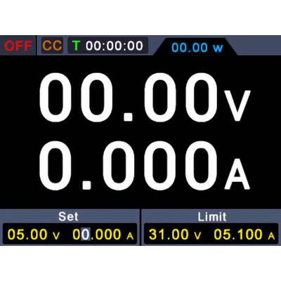 Ein digitales Display zeigt Nullwerte für Spannung (V) und Stromstärke (A). 'Set' zeigt 5V und 0A, während 'Limit' 31V und 5,1A anzeigt.
