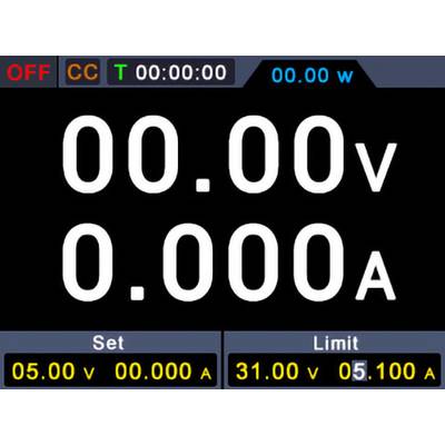 Digitale Stromversorgungsanzeige mit Spannung bei '00,00 V' und Stromstärke bei '0,000 A'. Einstellungen: 'Einstellung - 05,00 V, 00,00 A'; 'Grenze - 31,00 V, 5,100 A'.