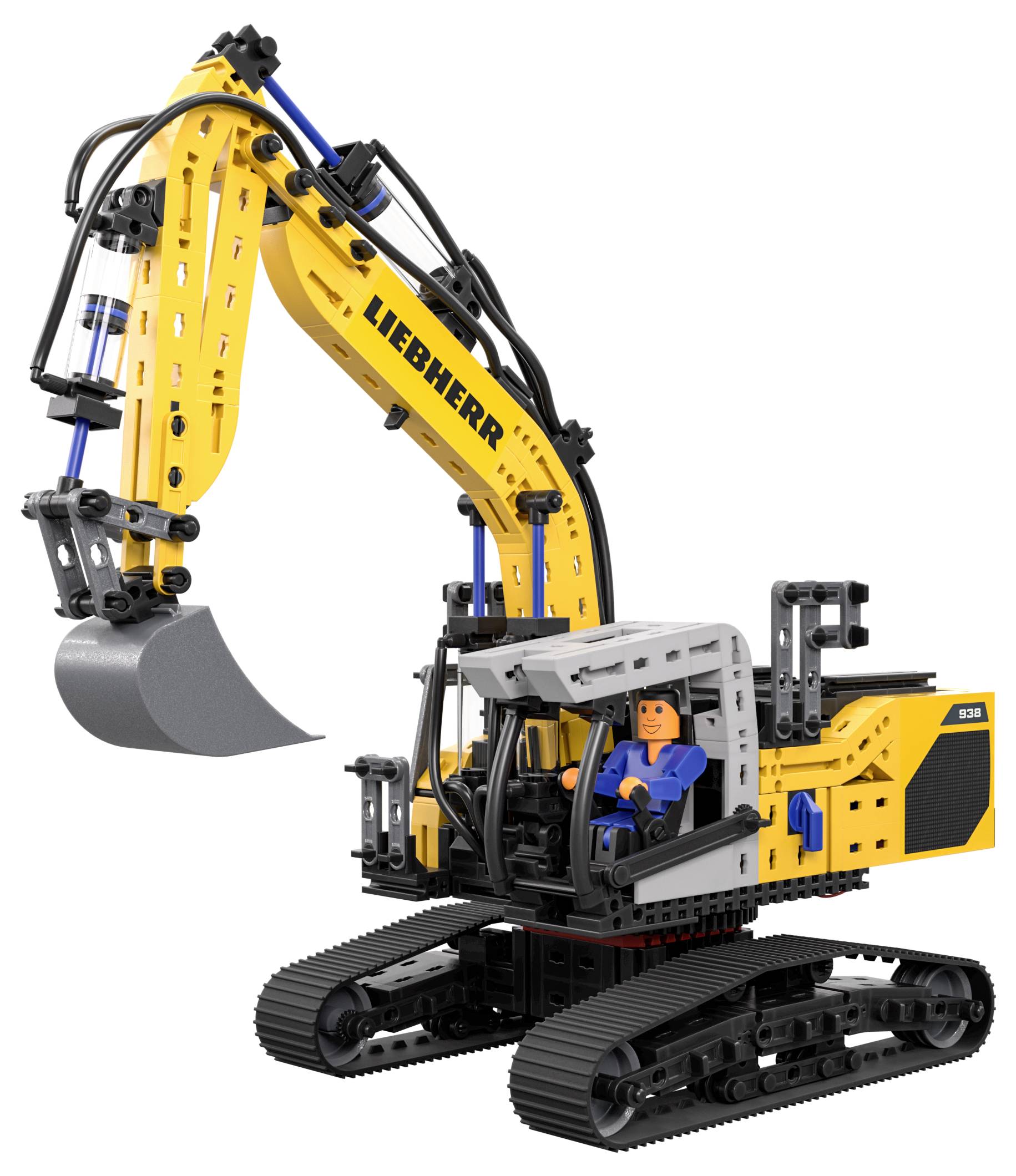 Ein gelber und schwarzer Spielzeugbagger mit beweglichem Arm und Schaufel, mit einer Miniaturfigur auf dem Fahrersitz.