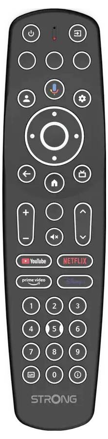 Eine schwarze Fernbedienung mit verschiedenen Tasten, darunter eine kreisförmige Navigationstaste, Lautstärke-, Kanal- und Direktzugriffstasten für YouTube, Netflix und Prime Video.