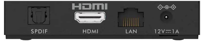 Rückseite eines Geräts mit Anschlüssen beschriftet als SPDIF, HDMI, LAN und 12V-1A.