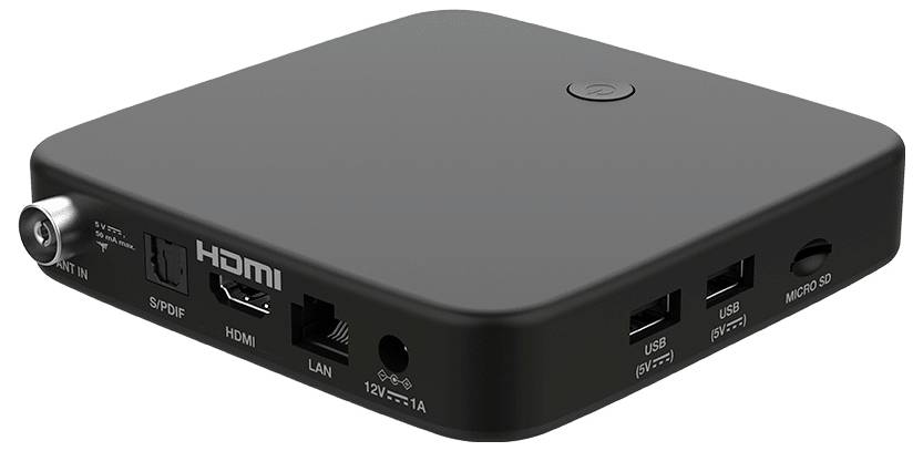 Ein schwarzes Medien-Streaming-Gerät mit verschiedenen Anschlüssen: HDMI, LAN, USB und MicroSD, mit einem Koaxialkabeleingang auf der linken Seite.
