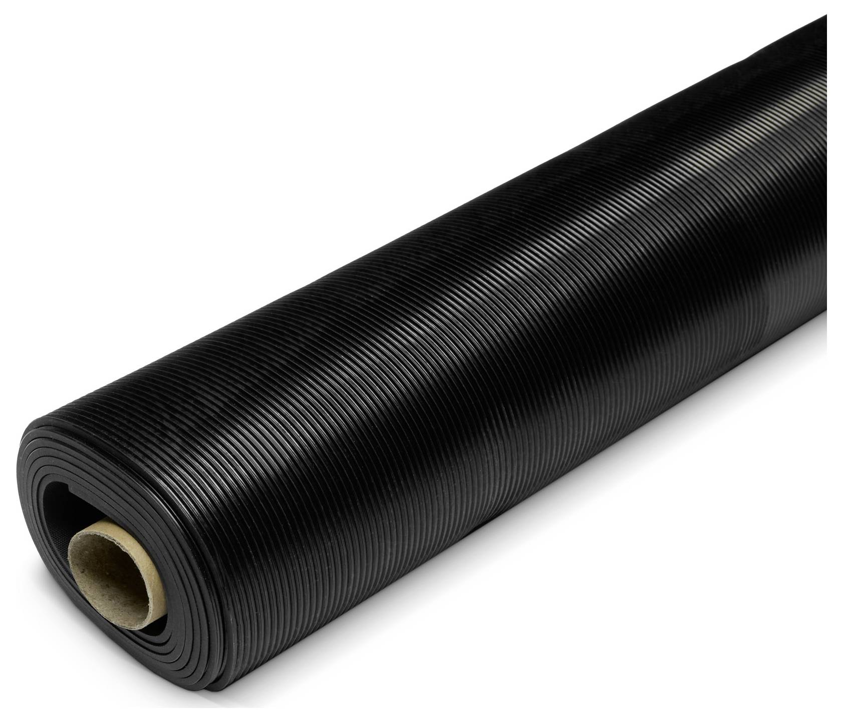 Eine große Rolle aus schwarzem gewelltem Material, wahrscheinlich für Verpackungs- oder industrielle Zwecke verwendet, mit einem sichtbaren Pappkern.