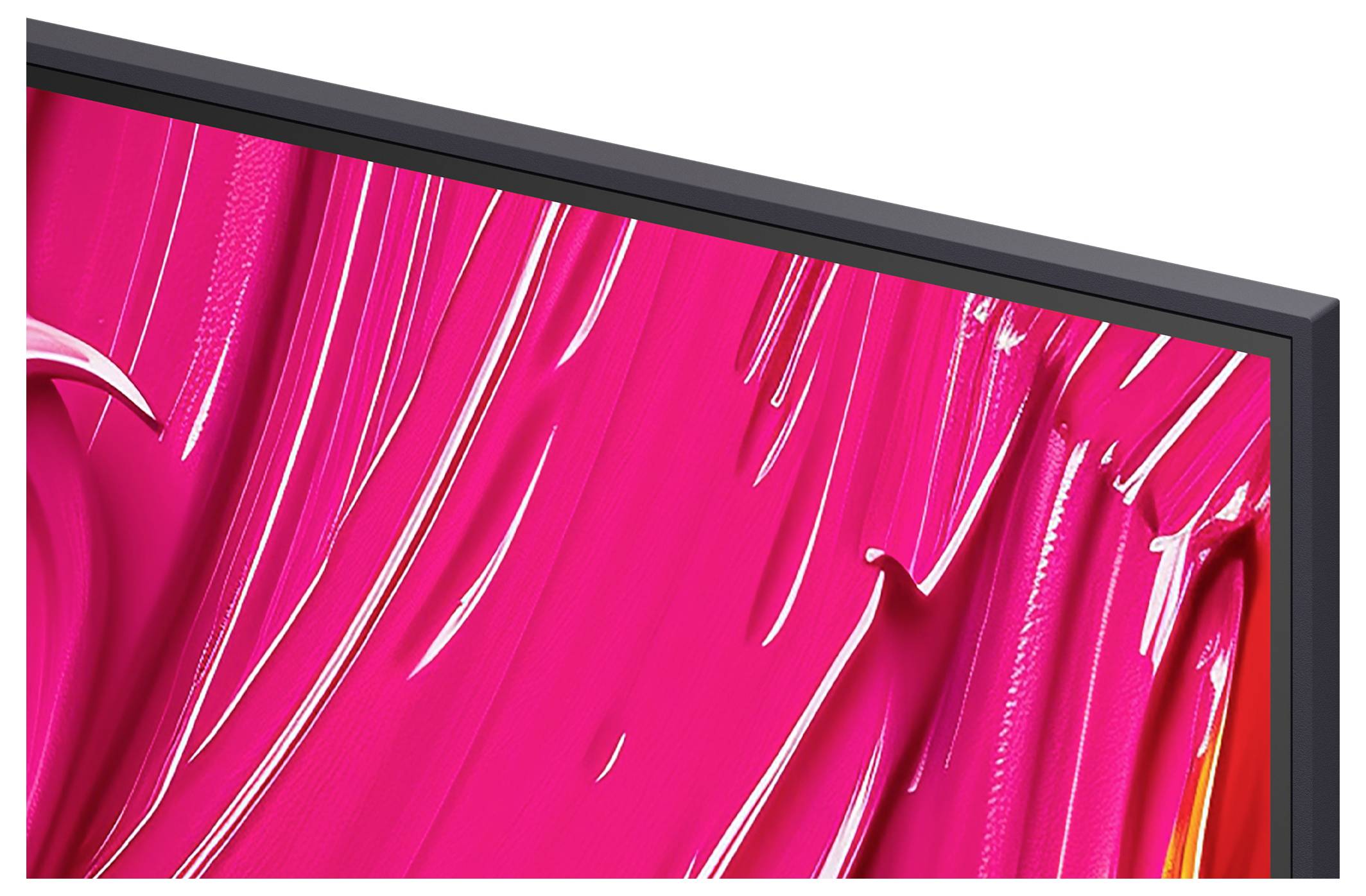 Eine Nahaufnahme einer digitalen Anzeige, die mit leuchtend pinken Farbstrichen mit glänzender Textur versehen ist und eine intensive Farbe und glatte Oberfläche hervorhebt.