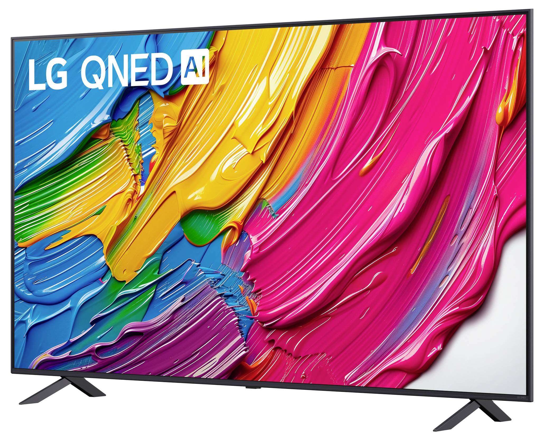 Ein lebendiger LG QNED AI TV auf einem Ständer zeigt farbenprächtige abstrakte Farbstriche und demonstriert die brillanten Farbwiedergabefähigkeiten des Bildschirms.