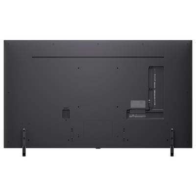 Rückansicht eines Flachbildschirm-Fernsehers, die die Anschlüsse auf der Rückseite, Wandhalterungsbefestigungen und Befestigungspunkte zeigt. Das Design ist minimalistisch und funktional.