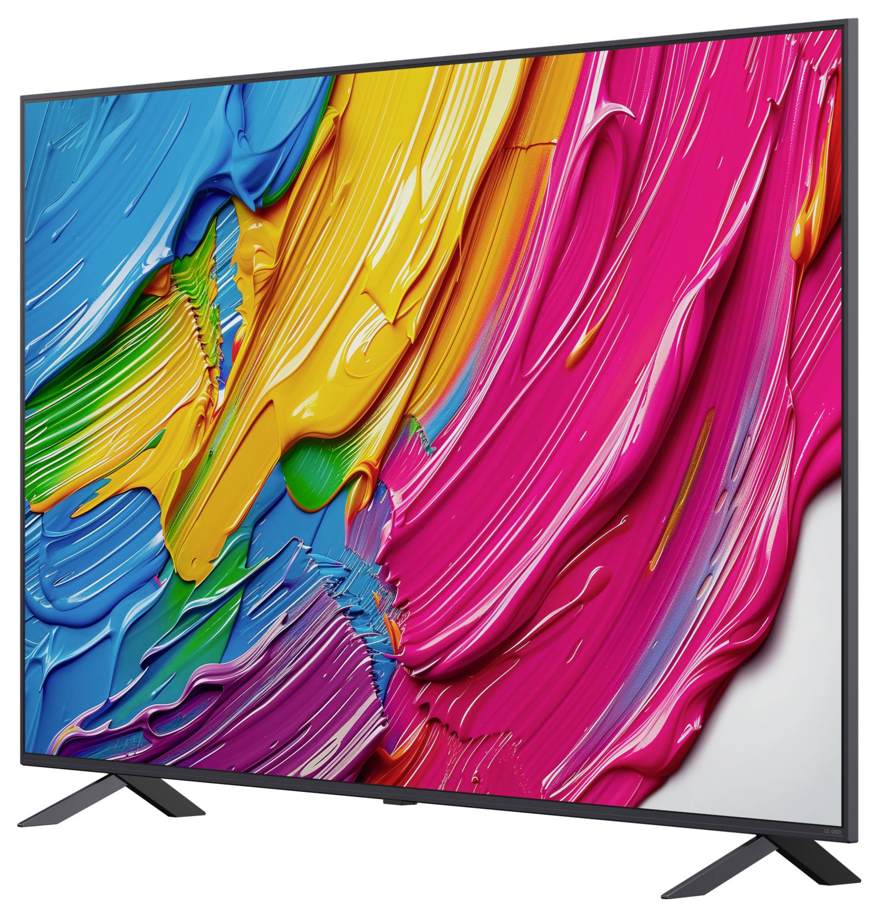 Ein Fernseher mit einer lebhaften, abstrakten Darstellung von mehrfarbigen Farbstrichen, die eine Mischung aus Blau, Gelb, Grün, Rosa und Orange zeigt.