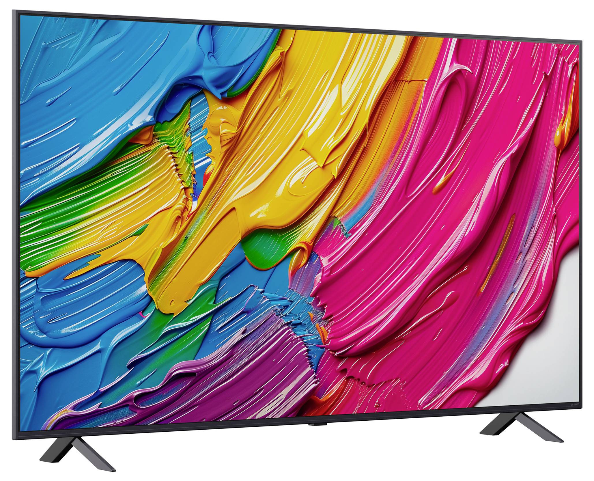 Ein Fernseher, der farbenfrohe, abstrakte Farbstriche in Blau, Gelb, Grün und Rosa zeigt und der Räumlichkeit eine lebendige Ästhetik verleiht.