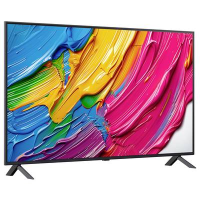 Ein Flachbildfernseher, der ein lebendiges digitales Gemälde zeigt, mit schwungvollen Pinselstrichen in Blau-, Gelb-, Pink-, Grün- und Orangetönen.