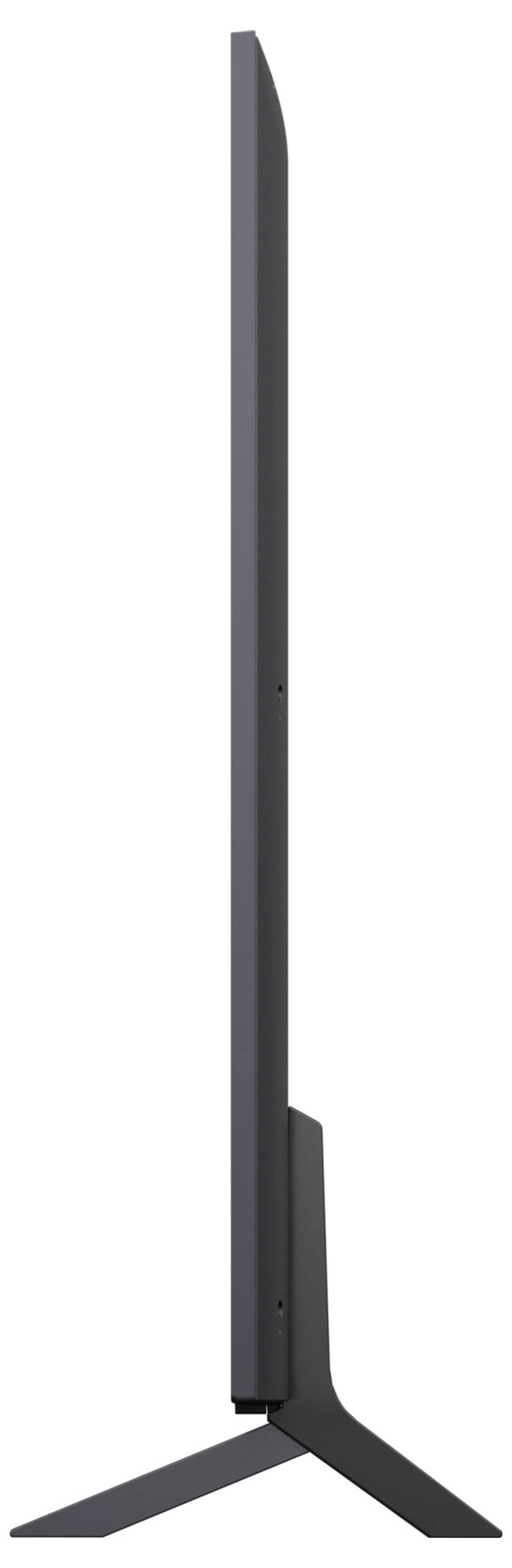 Seitenansicht eines schlanken, modernen Fernsehers mit Ständer, der sein dünnes Design und sein elegantes Profil zur Geltung bringt.