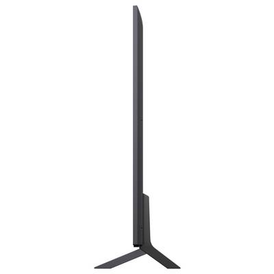 Seitenansicht eines schlanken, modernen Fernsehers mit Ständer, der sein dünnes Design und sein elegantes Profil zur Geltung bringt.