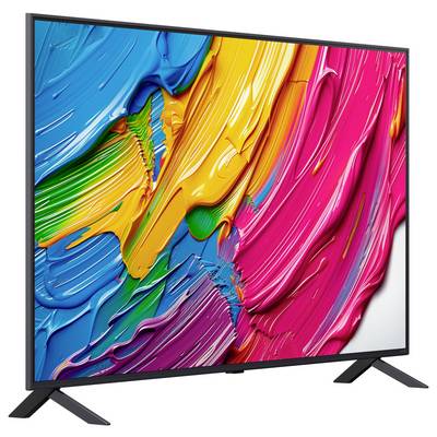 Ein moderner Flachbildschirm-Fernseher, der ein abstraktes, farbenfrohes Gemälde mit lebhaften Wirbeln in Blau, Gelb, Grün und Rosa zeigt.