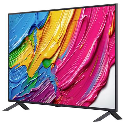 Ein Flachbildfernseher, der ein lebendiges abstraktes Kunstdesign mit wirbelnden Farben in Blau, Grün, Gelb und Rosa zeigt, mit einem schwarzen Rahmen und Ständer.