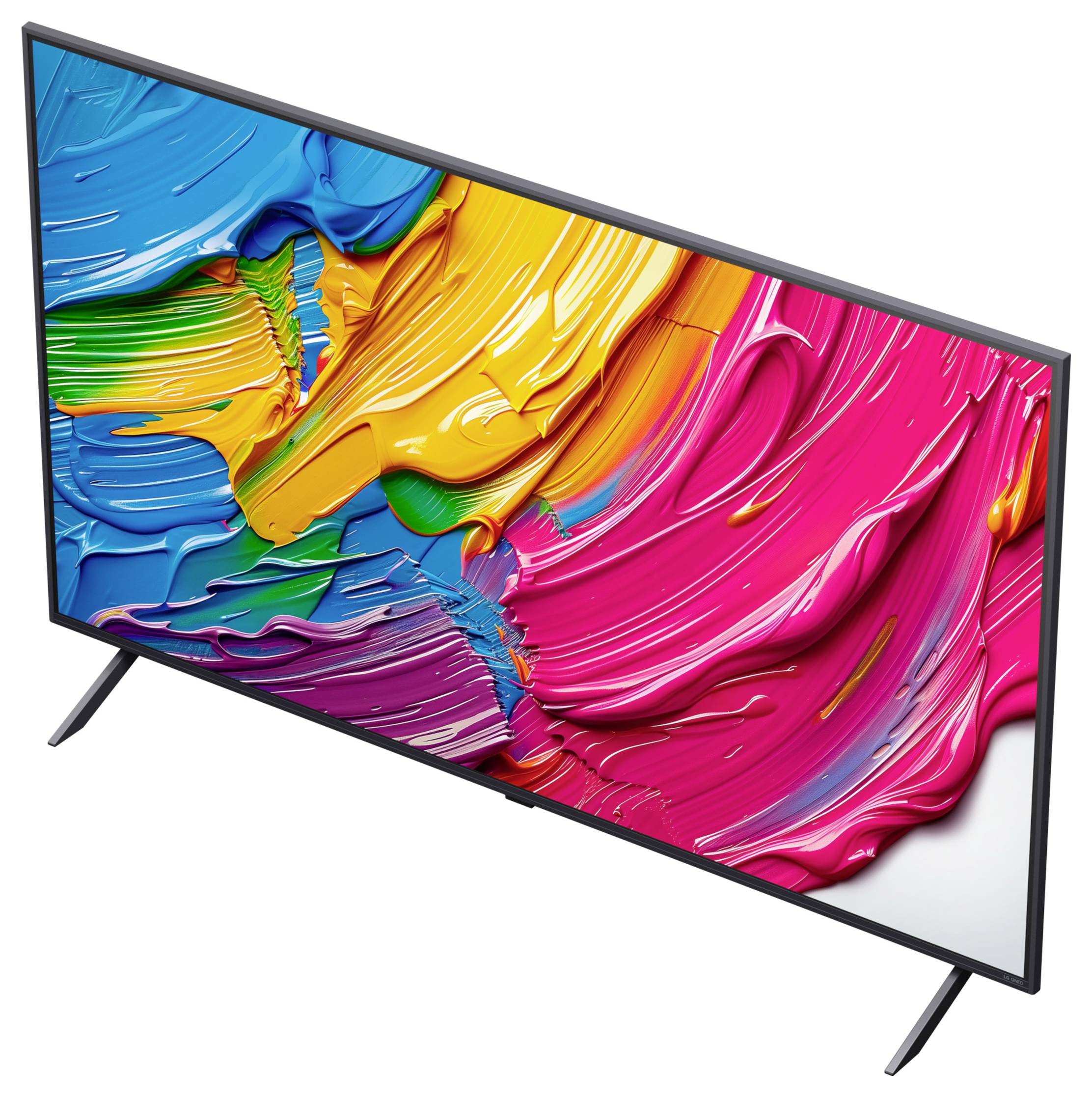 Ein Flachbildfernseher, der eine Nahaufnahme von lebhaften, mehrfarbigen Pinselstrichen in Blau, Gelb, Grün und Rosa zeigt.