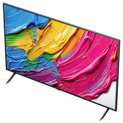 Ein Flachbildfernseher, der eine Nahaufnahme von lebhaften, mehrfarbigen Pinselstrichen in Blau, Gelb, Grün und Rosa zeigt.