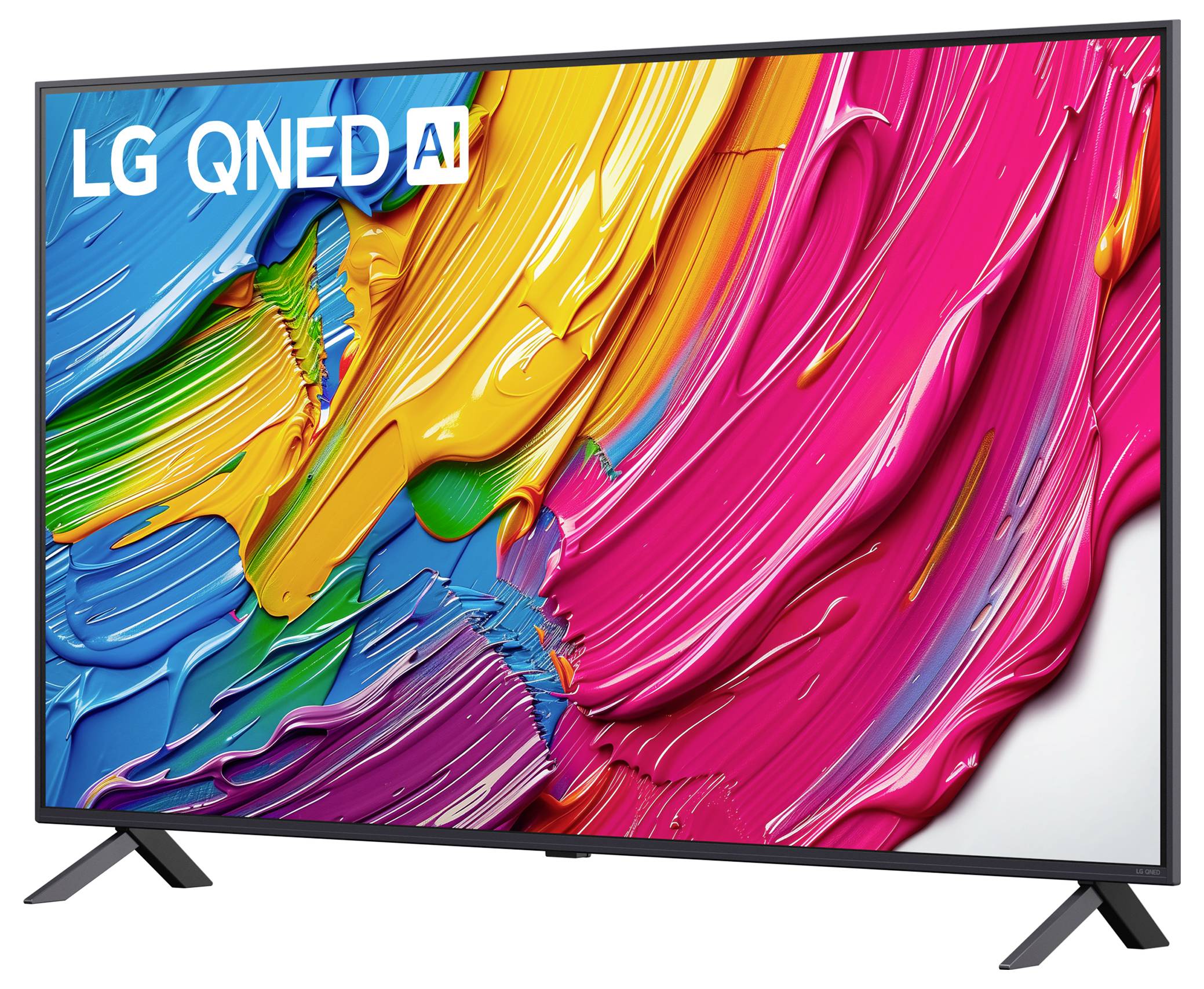 Ein Fernseher, der mit lebendigen, mehrfarbigen Pinselstrichen bedeckt ist, mit der Beschriftung 'LG QNED AI'.