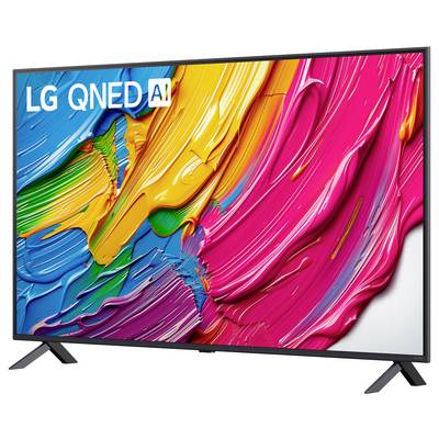 Ein Fernseher, der mit lebendigen, mehrfarbigen Pinselstrichen bedeckt ist, mit der Beschriftung 'LG QNED AI'.