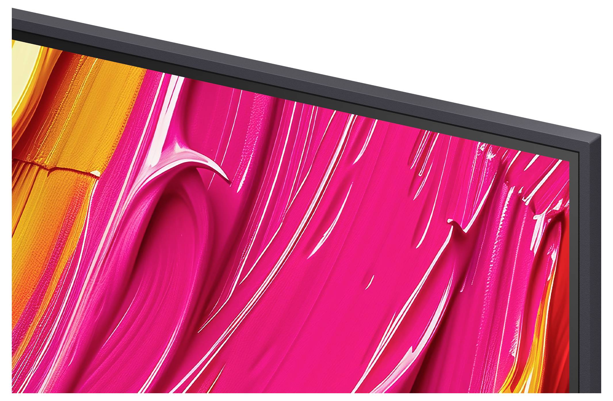 Eine Nahaufnahme eines lebhaften abstrakten Gemäldes mit kräftigen rosa, orange und gelben Pinselstrichen auf einer gerahmten Leinwand vor weißem Hintergrund.