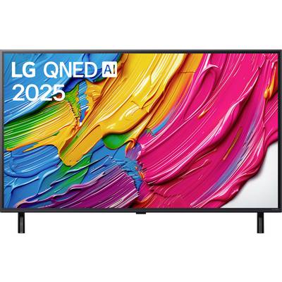 LG QNED AI 2025 Fernseher mit einem lebendigen, strukturierten Farbwirbel in leuchtendem Gelb, Rosa, Blau und Grün auf dem Bildschirm dargestellt.
